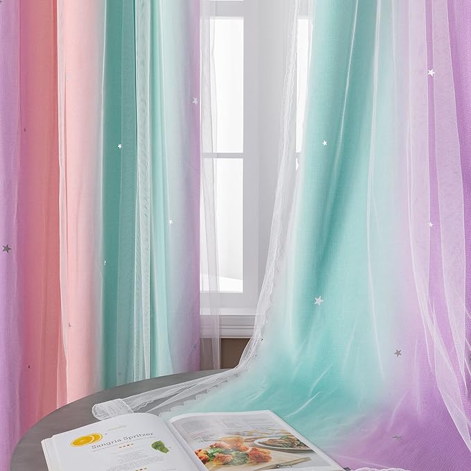 XiDi Pink Green Curtains 108 Inches Long, Unicorn Wall Decals - Image 5