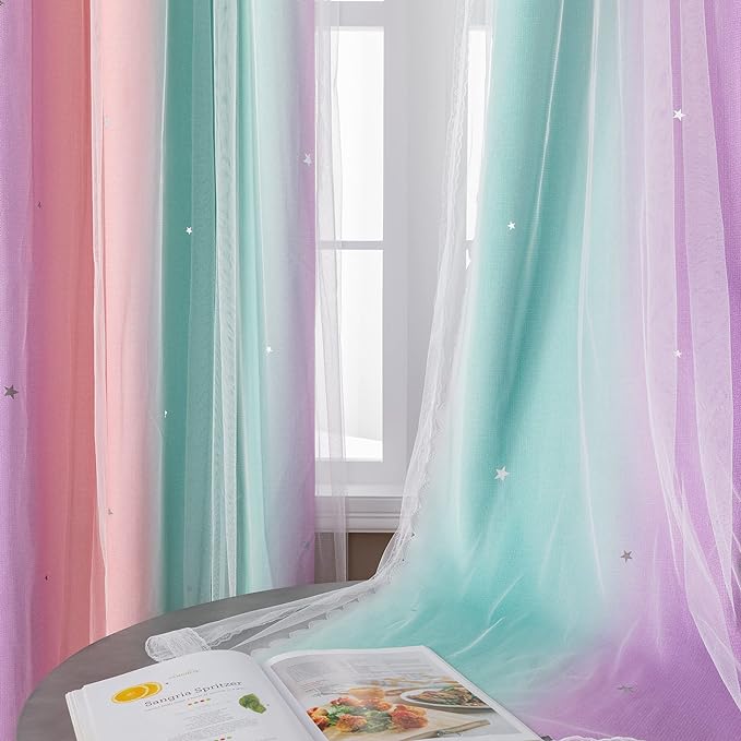 XiDi Curtains for Bedroom Decor, Rainbow PinkPuGreen-34-45 - Image 4