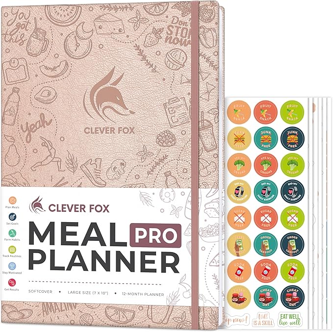 Clever Fox Meal Planner PRO – Weekly Meal Prep Journal with Grocery List & Weigh Loss Tracker – Diet, Fitness & Welness Log Book – Nutrition Diary Notebook – Lasts 12 Months, 7x10” (Rose Gold)
