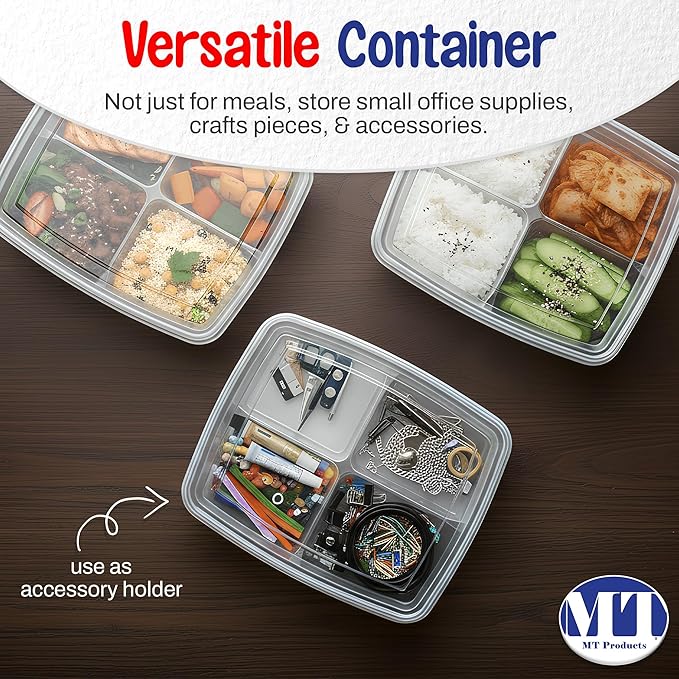 MT Products Clear Plastic 4 Compartment Tamper Evident Lunch Container 6" x 7" - Disposable Bento Box (Pack of 15) - Made in USA