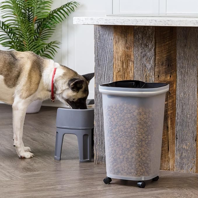 IRIS USA Pet Food Storage Container 25 lbs, Premium 60% Improved Airtight Seal with Air Valve, 2 Cup Scoop, Removable Wheels, Easy to Open - Made in the USA, Black