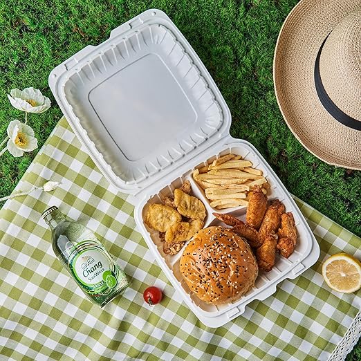 FULING 9X9 3 Compartment 50-Pack Plastic Clamshell Take Out Food Containers, Heavy Duty Disposable To-go Box For Cake, Sandwich, Salad, Dessert