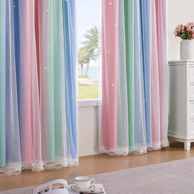 XiDi Pink & Rainbow Curtains for Kids & Girl Bedrooms - Image 3