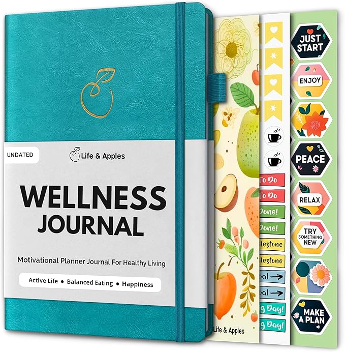 Life & Apples Wellness Journal Planner – Food Log, Fitness Tracker, Habit Tracker, Weight Loss Journal for Diet Tracking and Health Goals, Undated, Size A5 Aquamarine