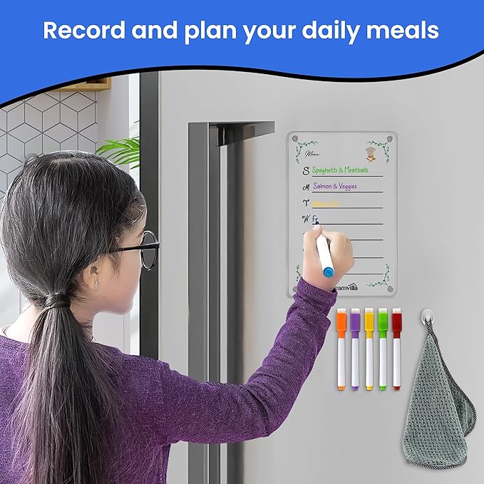Acrylic Magnetic Menu Planner for Refrigerator – Dry Erase Board for Fridge with Markers, Clear Weekly Meal Planning Board, Kitchen Organizer for Grocery & Shopping List